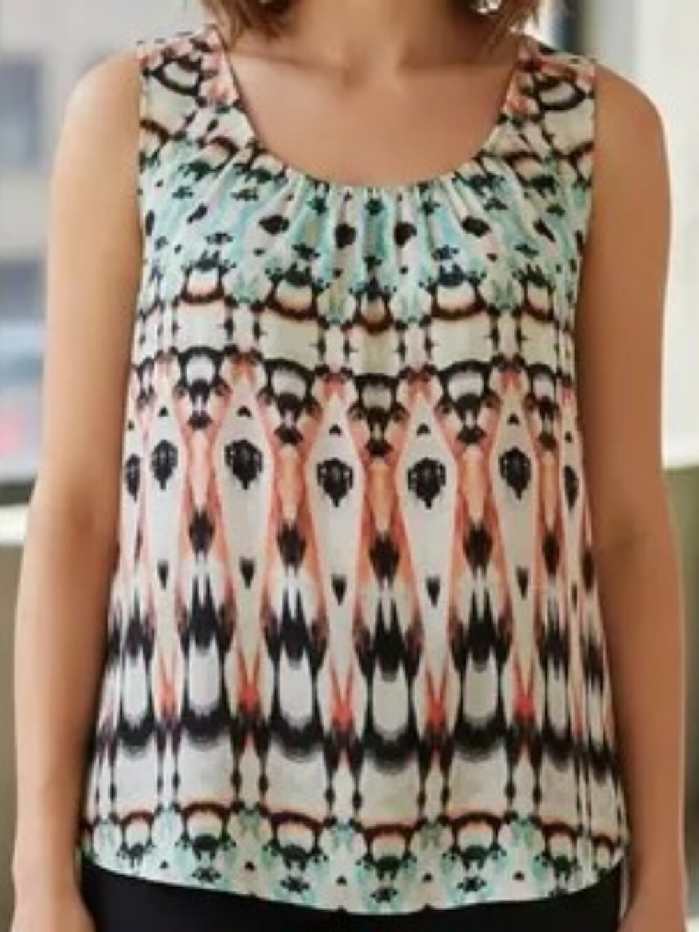 Chico's Sleeveless Ikat-Style Print Tank - White, Black, Orange, Aqua